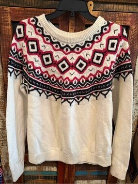 Tommy Hilfiger Cream Fair Isle Crewneck Sweater with Red & Black Accents